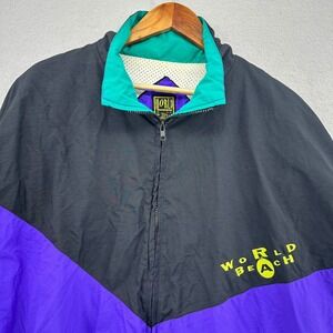 90s World Beach Colorblock Windbreaker Jacket SZ L Black Purple Teal VTG Baggy